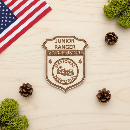 Mount Rushmore Laid against a light maple woodBackground with pinecones and moss