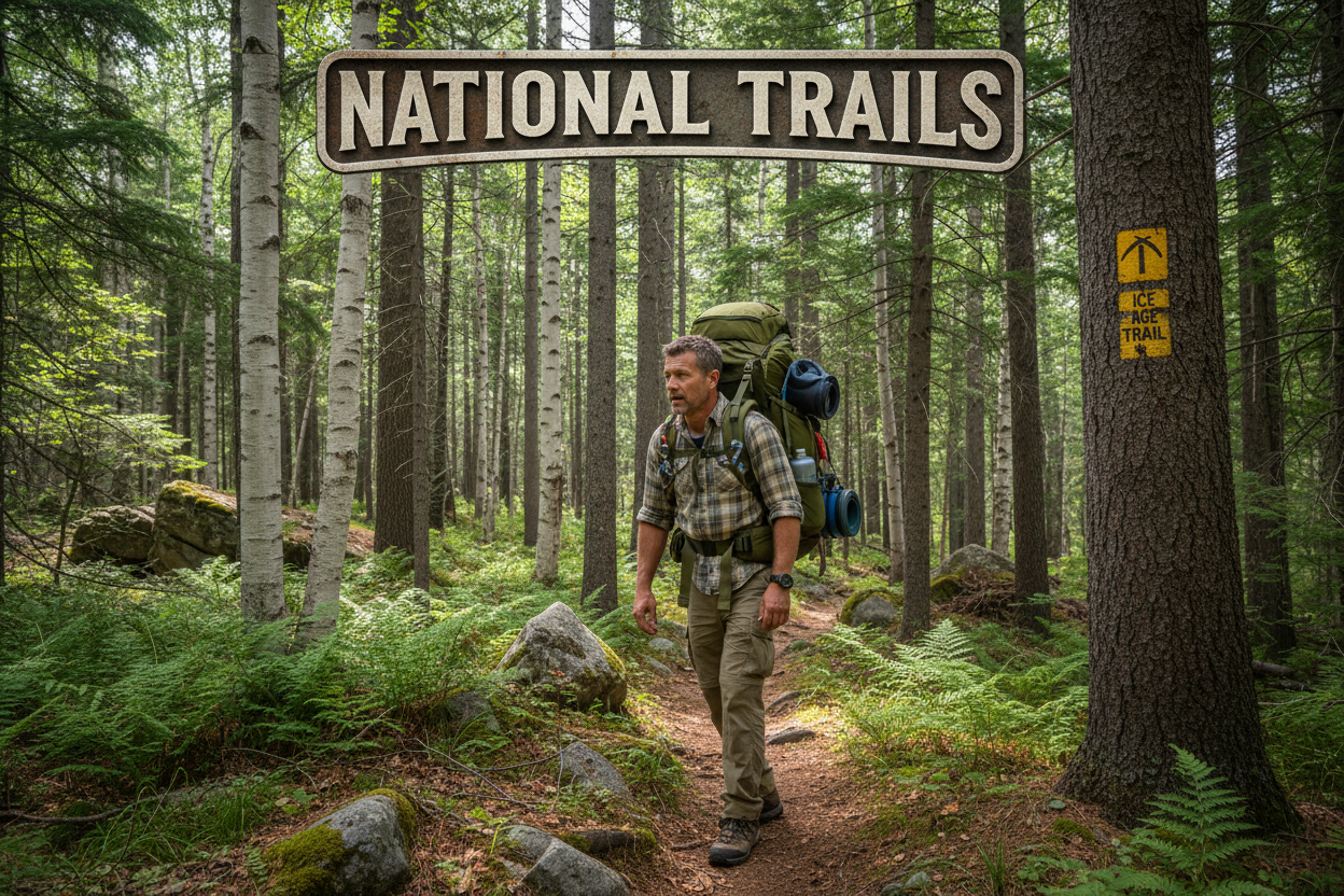 National Trails Banner - hiker on a woodsy trail amongst pine and birch trees