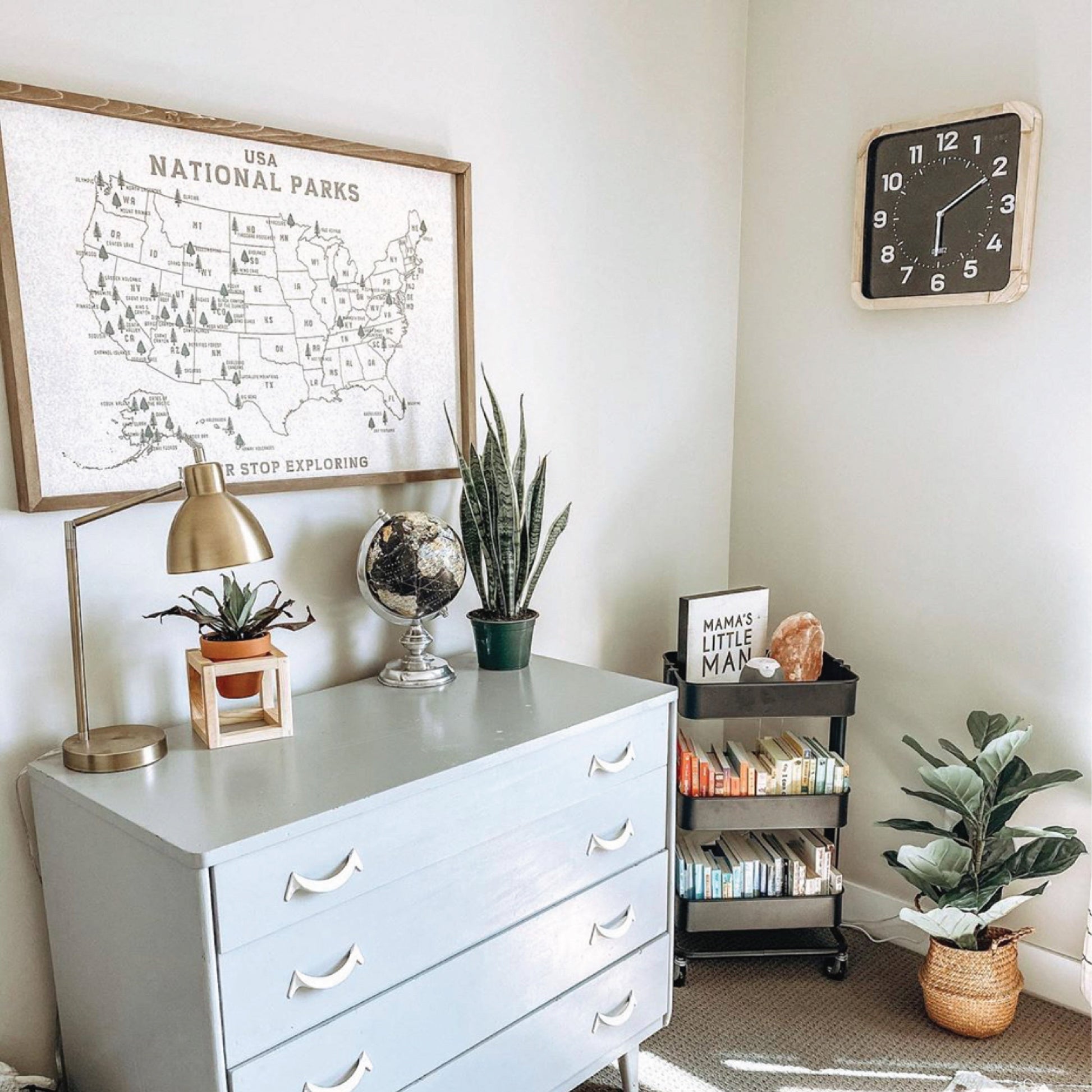Room interior with a dresser, plants, and decorative items with a US national park map on the wall