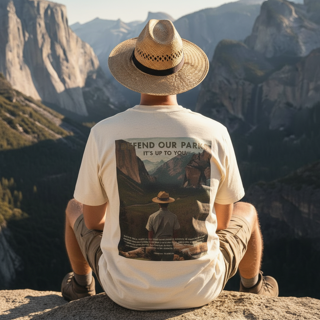 Person wearing a t-shirt with a graphic of a Park Ranger overlooking Yosemite national Park with the text “Defend our parks. It’s up to you!” And an inspiring quote., sitting on a mountain with a scenic view.