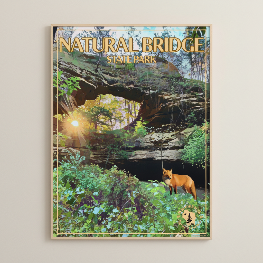 A framed poster of natural Bridge State Park depicting, a natural stone, arch, lush greenery, and a Fox against a beige wall