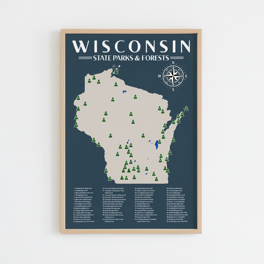 Map of Wisconsin state parks and forests with a compass rose on a blue background.