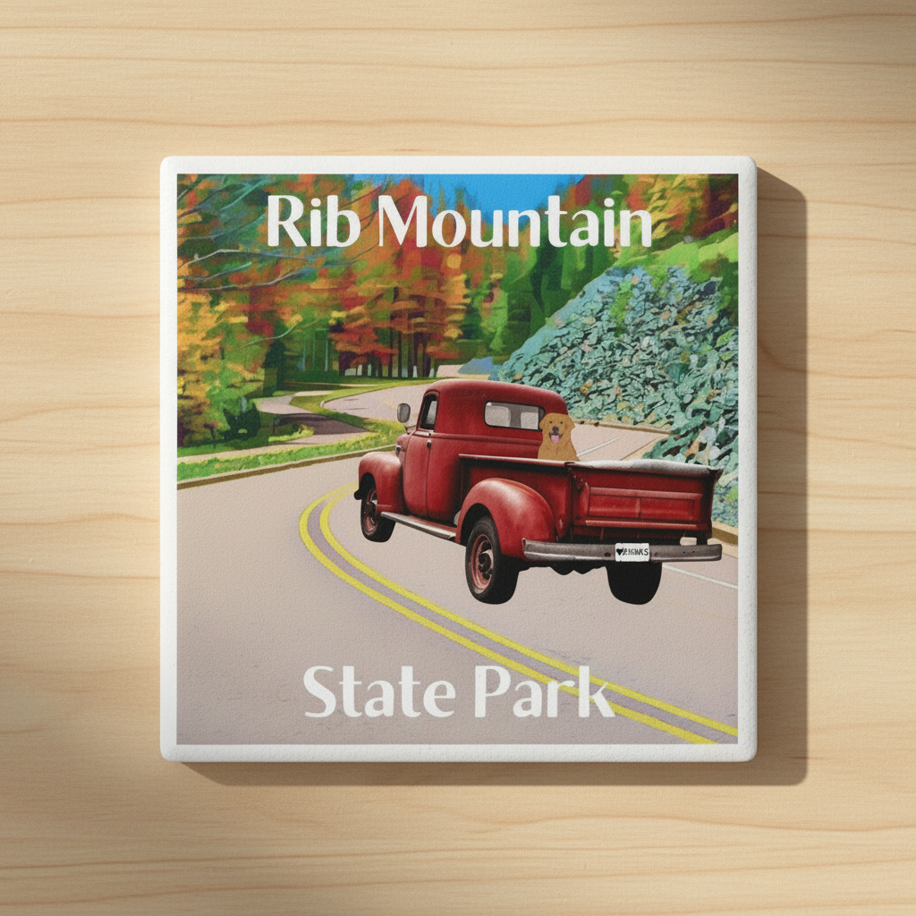 Ceramic coaster artwork of a red truck on a road with 'Rib Mountain State Park' text.