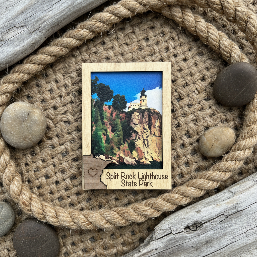 A rectangular wooden magnet featuring a colorful illustration of Split Rock Lighthouse State Park, surrounded by a light wood border with the text 'Split Rock Lighthouse State Park' and a small heart detail. The magnet is styled on a woven burlap mat with rope and driftwood.