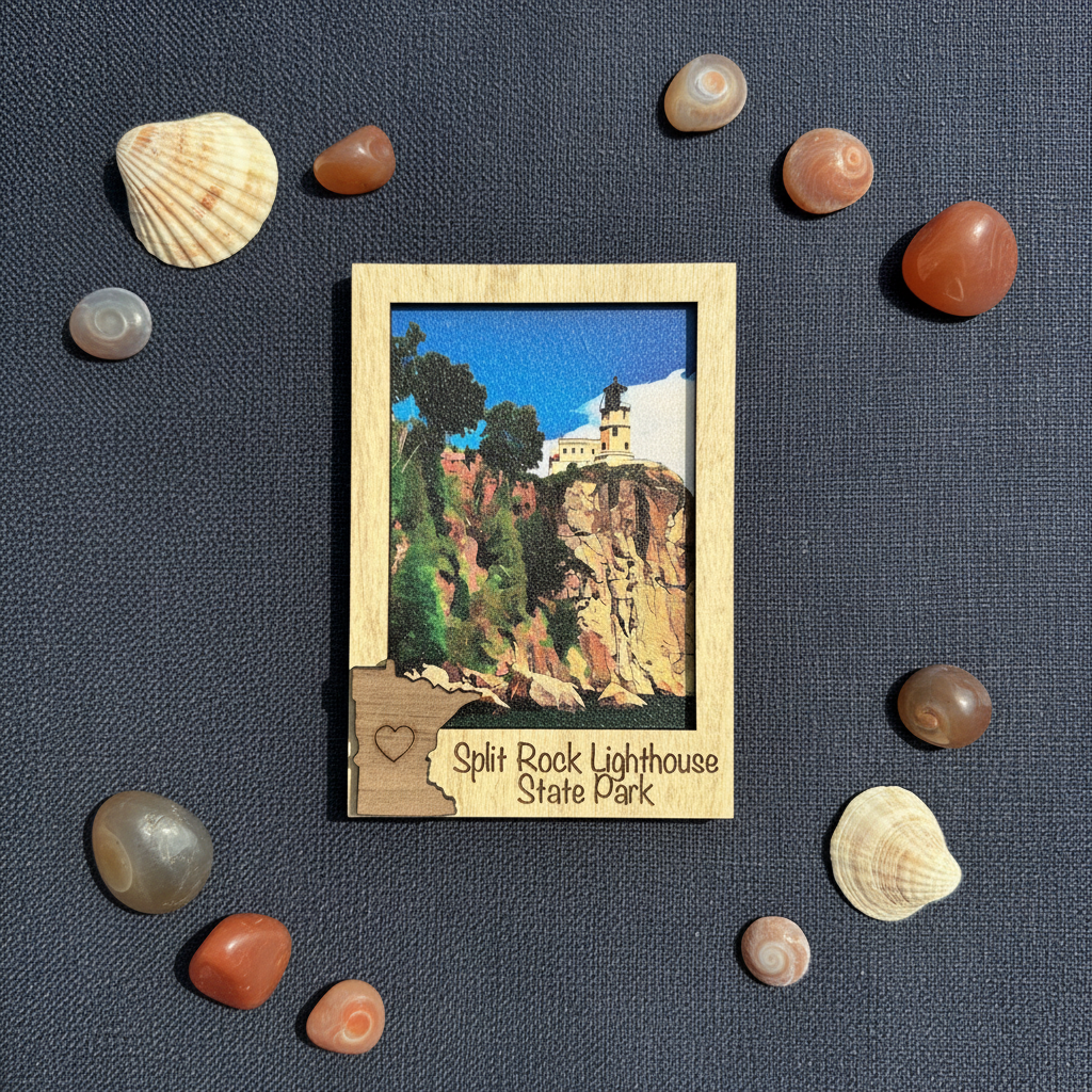 A rectangular wooden magnet featuring an illustration of Split Rock Lighthouse State Park, surrounded by small seashells on a dark textured fabric background.