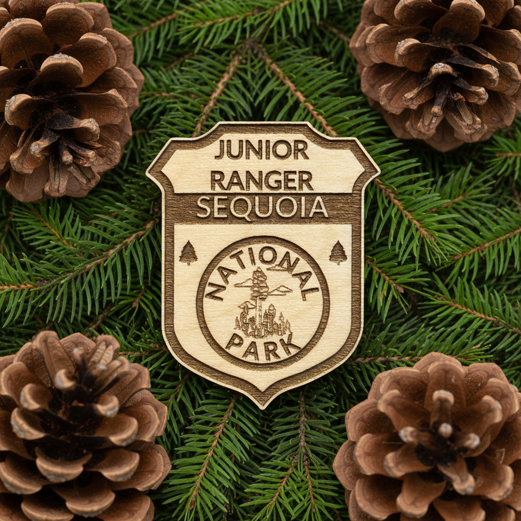 A wooden shield-shaped badge engraved with 'JUNIOR RANGER SEQUOIA' and 'NATIONAL PARK' is centered on a background of green pine needles and brown pinecones.