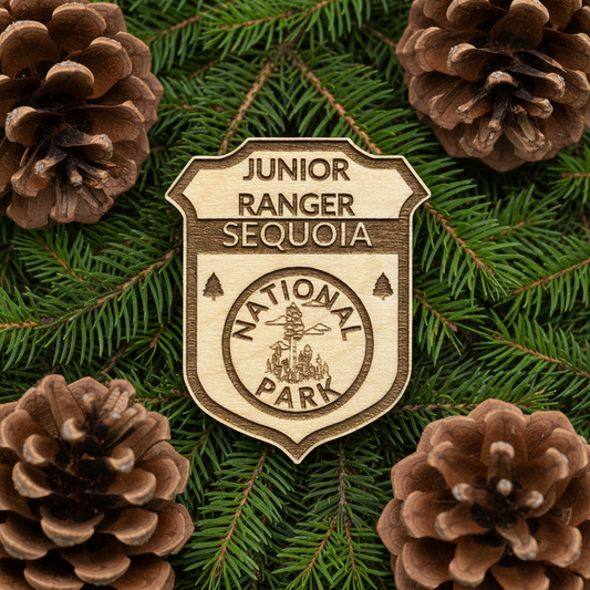 A wooden shield-shaped badge engraved with 'JUNIOR RANGER SEQUOIA' and 'NATIONAL PARK' is centered on a background of green pine needles and brown pinecones.