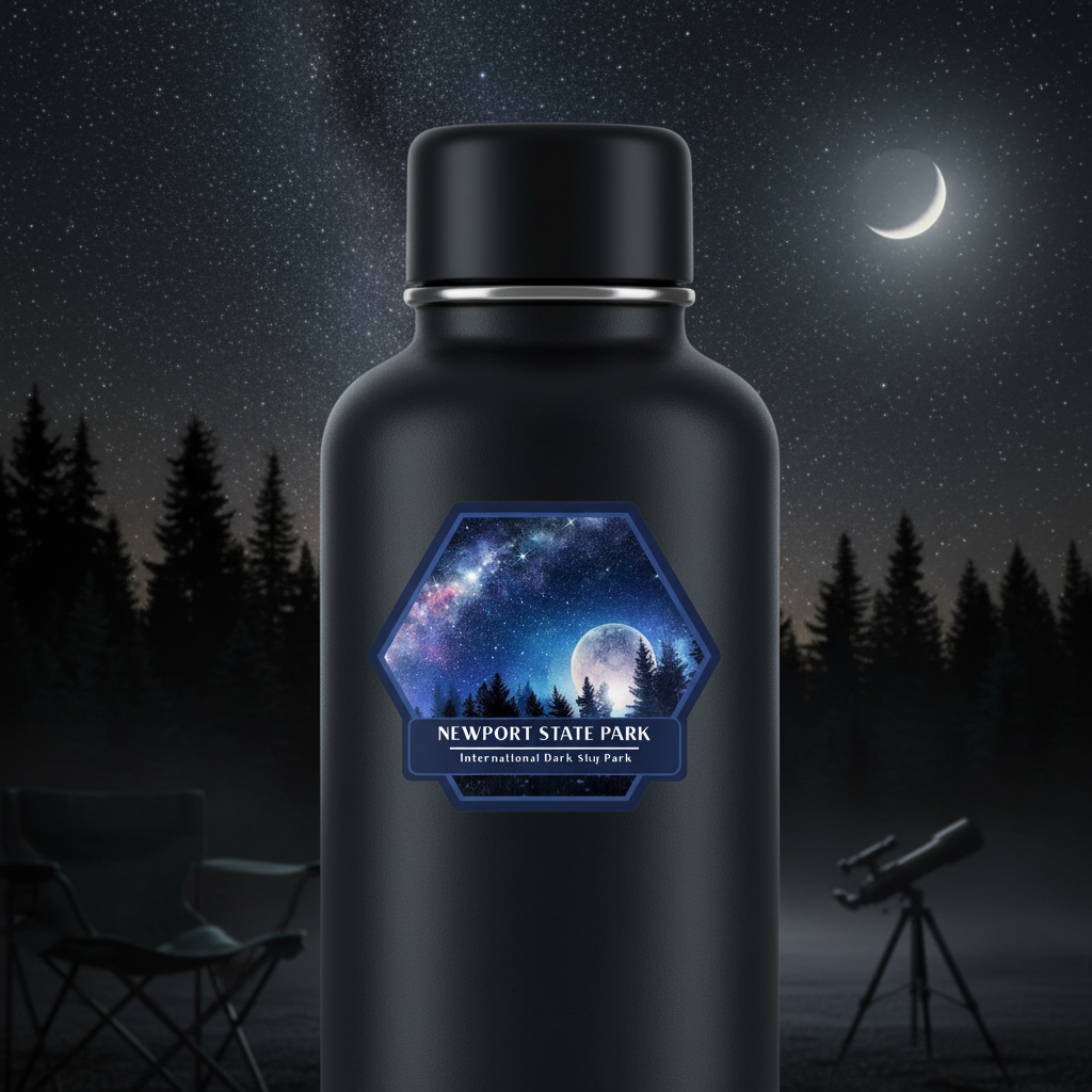 Black water bottle with Newport State Park sticker against a night sky background