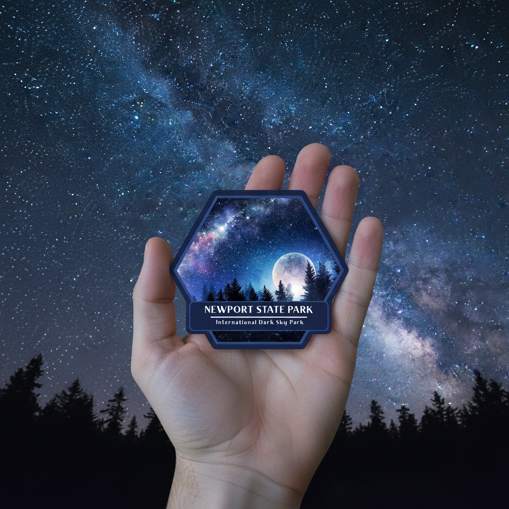 Hand holding a hexagonal sticker with a night sky design against a starry night sky.