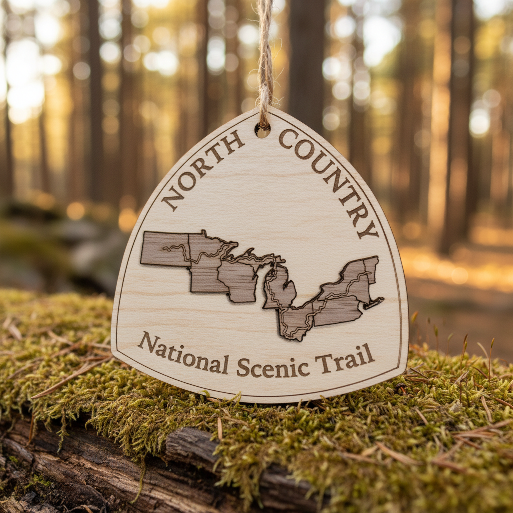 North Country Ornament sitting on a moss covered log in the forest
