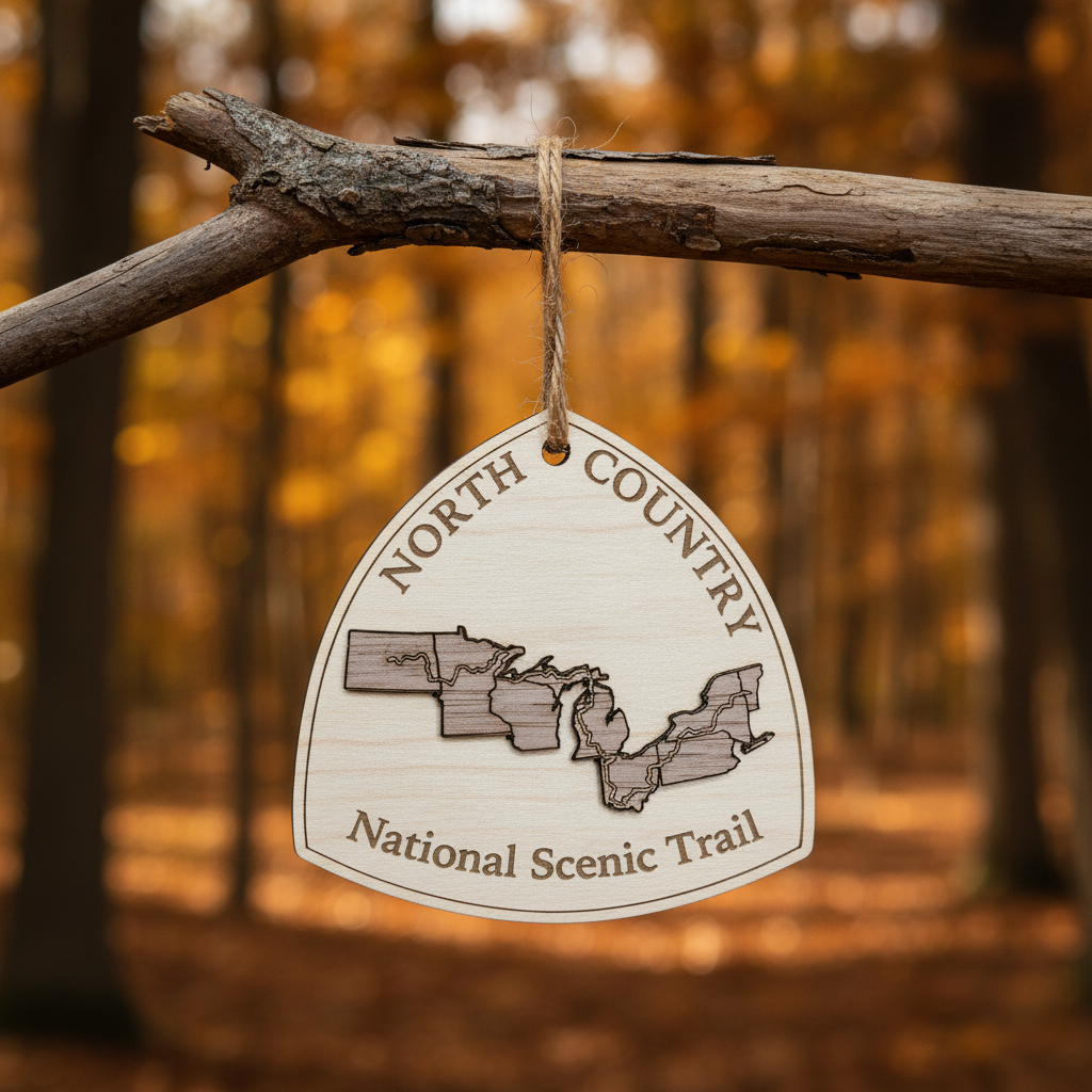 North Country Ornament hanging from a branch with a autumn background