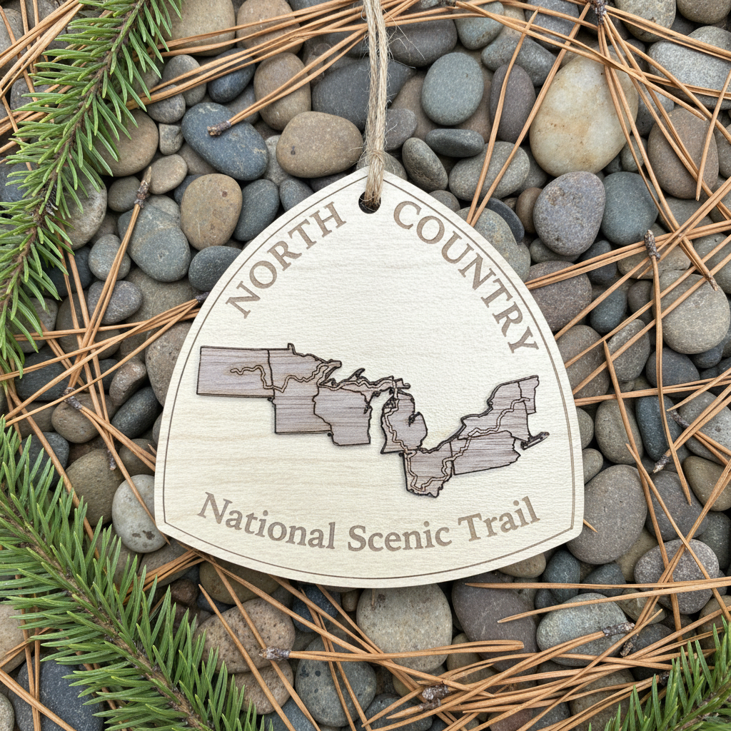 North Country Ornament laying on a bed of River rock with Pine needles and pine boughs.