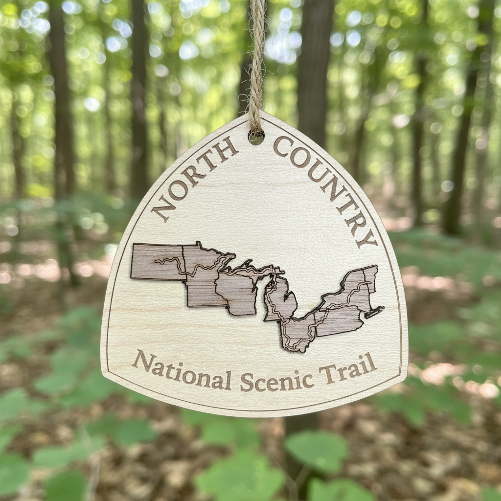 North Country Ornament hanging from a branch in a woodland forest