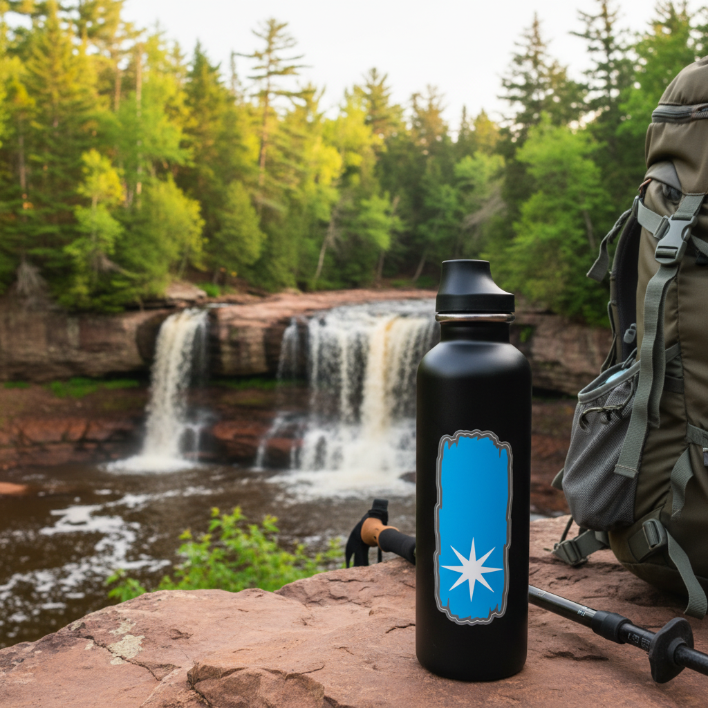 North Country Trail Blaze Decal affixed to a black water bottle that’s sitting on a rock ledge with a scenic waterfall background
