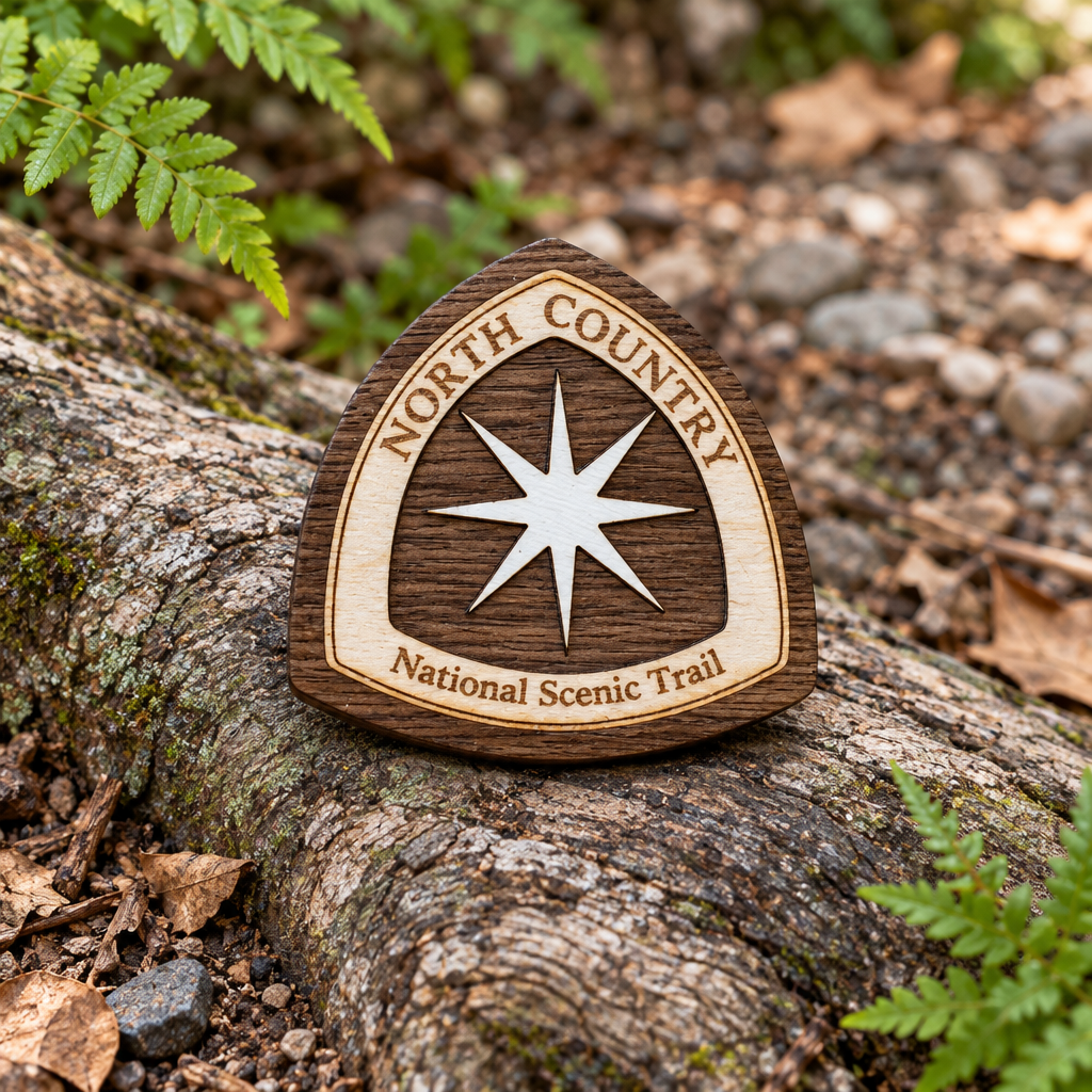 North Country Trail magnet on a weathered woodland root