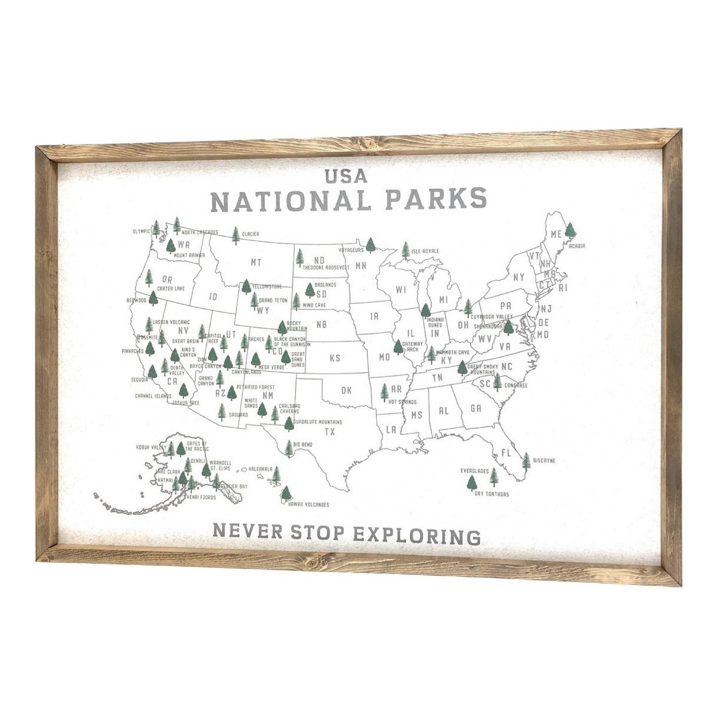 Map of USA National Parks with wooden frame and text 'Never Stop Exploring'.