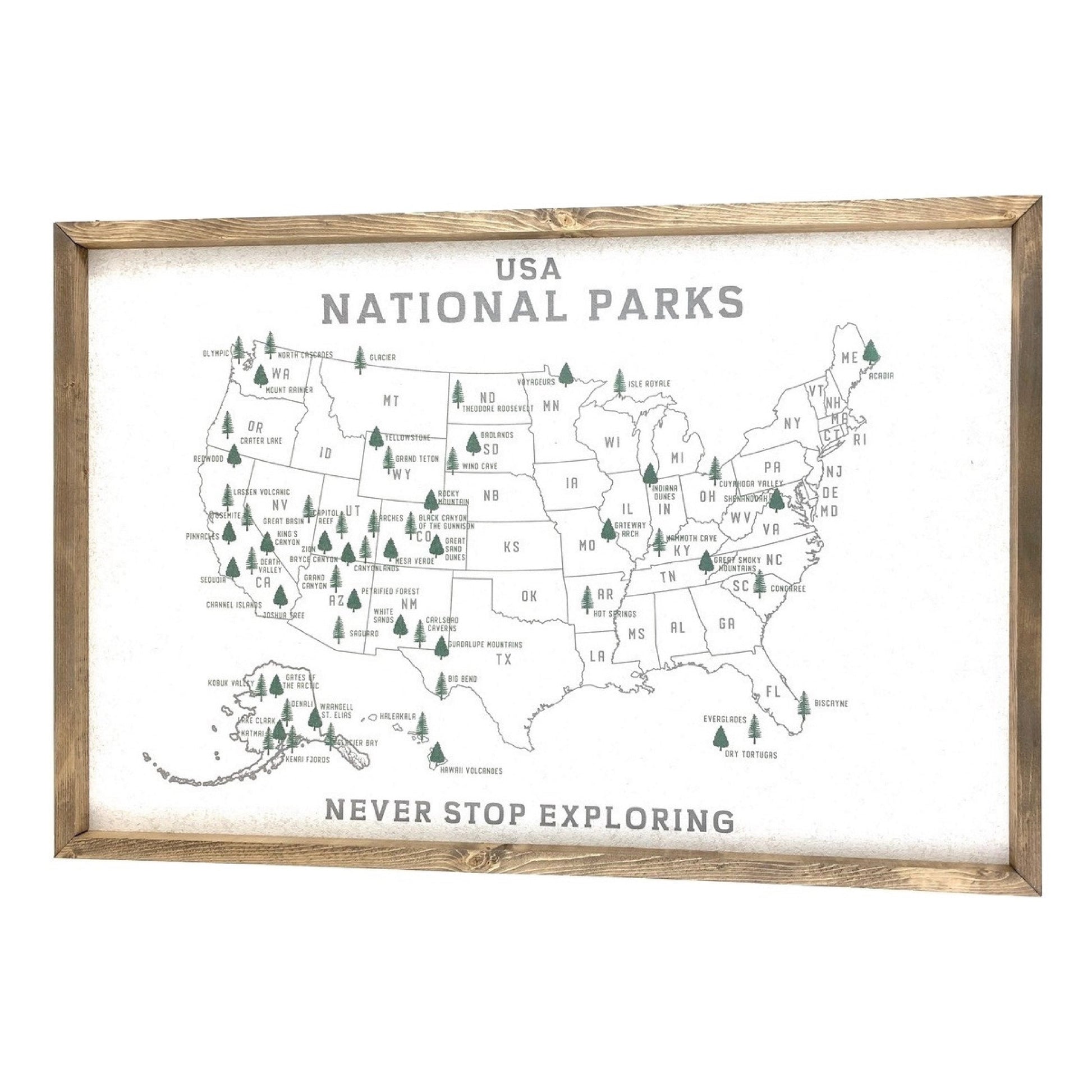 Map of USA National Parks with wooden frame and text 'Never Stop Exploring'.