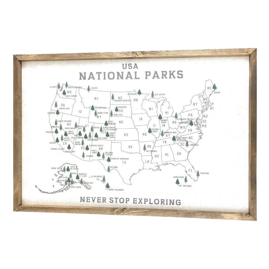 Map of USA National Parks with wooden frame and text 'Never Stop Exploring'.