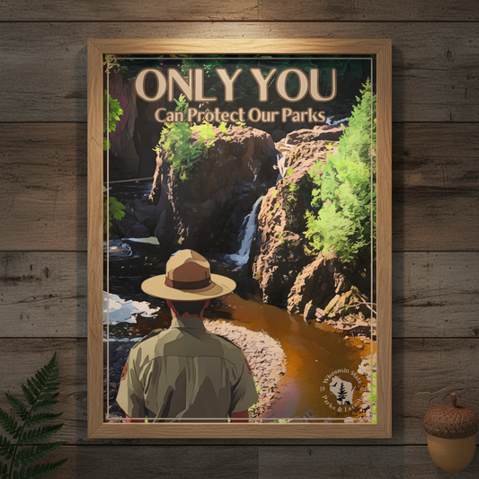 Poster depicting a Park Ranger overlooking copper Falls State Park with a text only you can protect our parks against a wood wall with decorative rustic elements ￼