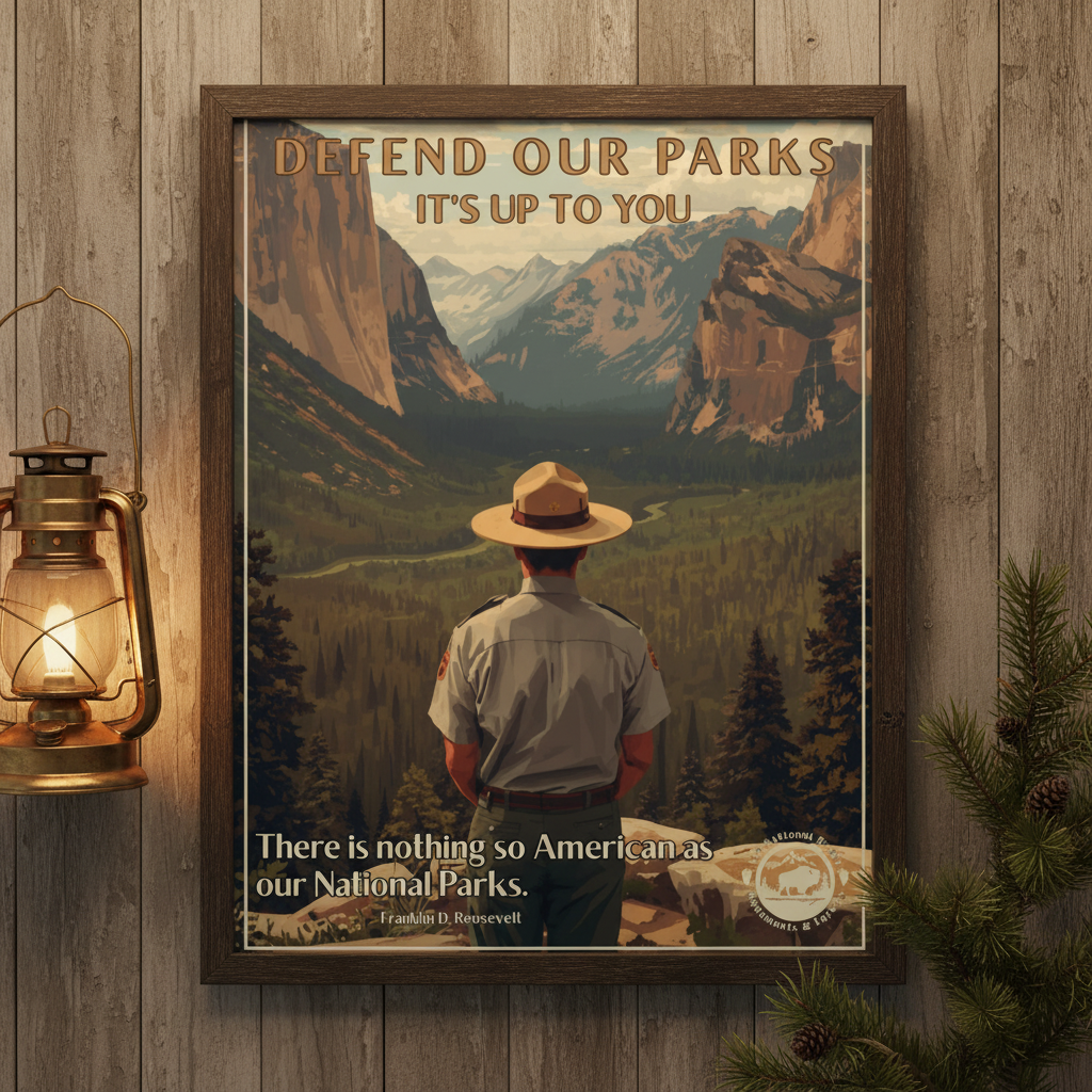 Poster depicting a Park Ranger overlooking a scenic mountain valley with the text “Defend our Parks-it’s up to you!” Hanging in a Barnwood wall.