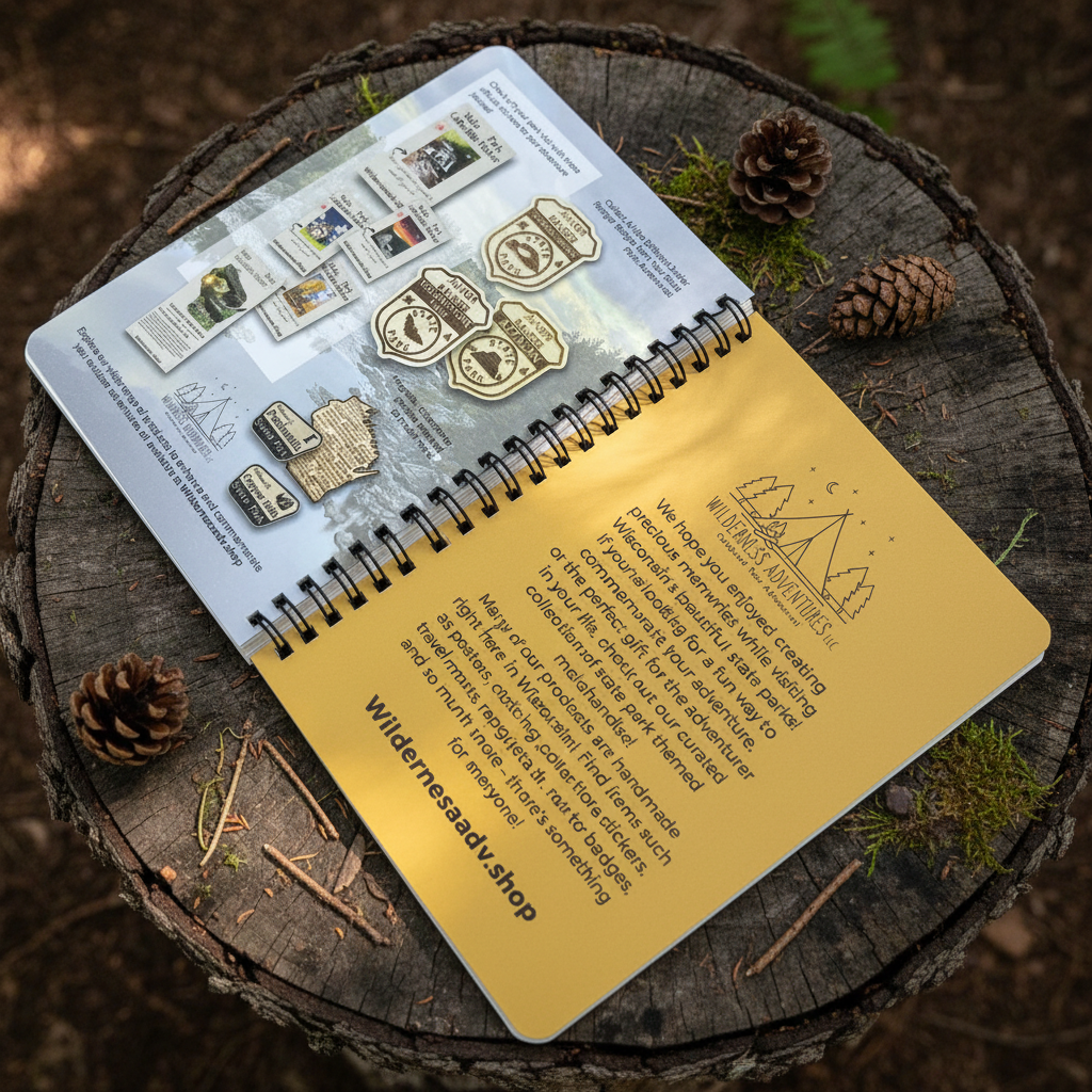 Inside pages displayed on a stump in a forest.