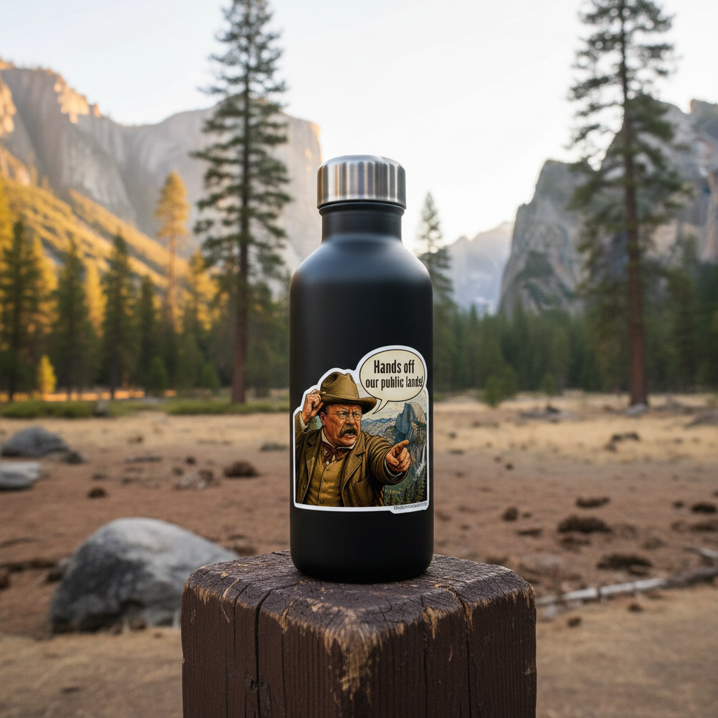 A matte black insulated water bottle with a silver cap stands on a wooden stump in a mountain meadow. The bottle has a printed sticker featuring Teddy Roosevelt pointing with the text 'Hands off our public lands’.