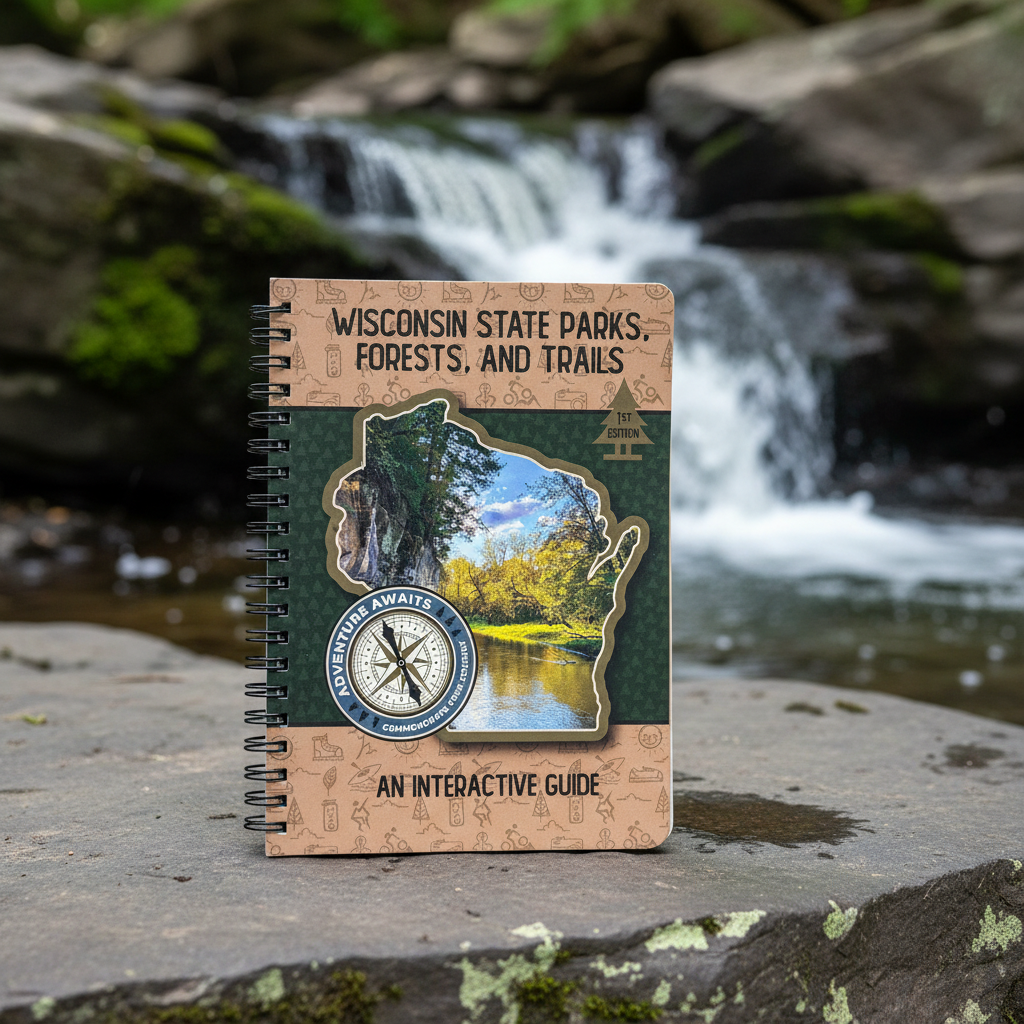 Wisconsin State Park and Forest guide displayed on a rock at the base of a waterfall.