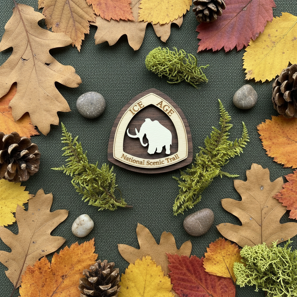 Ice Age National Scenic Trail magnet surrounded by autumn leaves, pinecones, and moss on a dark surface.