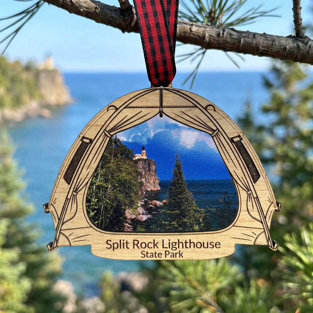 Tent shaped Ornament with a split rock lighthouse state park image design hanging from pine with Lake Superior backdrop