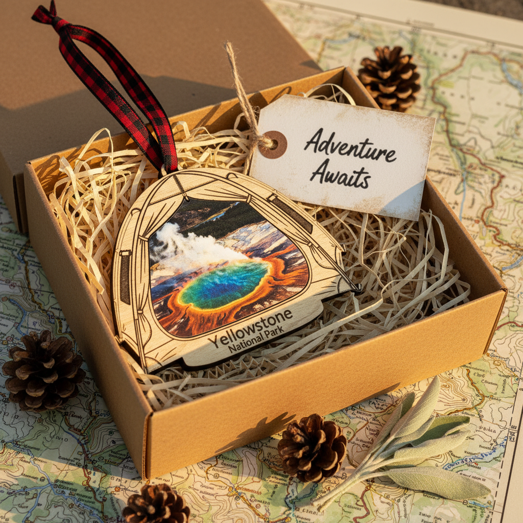 A wooden Yellowstone National Park ornament with a colorful hot spring illustration and a red plaid ribbon, presented in a kraft gift box with shredded paper, a tag reading 'Adventure Awaits,' and pinecones on a map background.