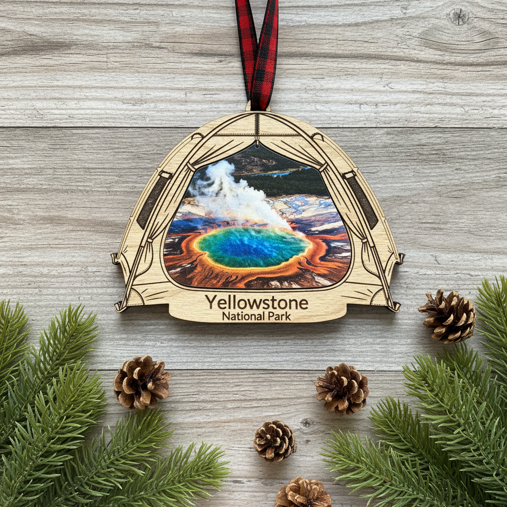 A wooden ornament shaped like a tent with a colorful Yellowstone National Park geothermal pool print in the center, hanging on a gray wood plank surface with pine branches and pinecones around it. The ornament reads 'Yellowstone National Park' and has a red-and-black plaid ribbon at the top.