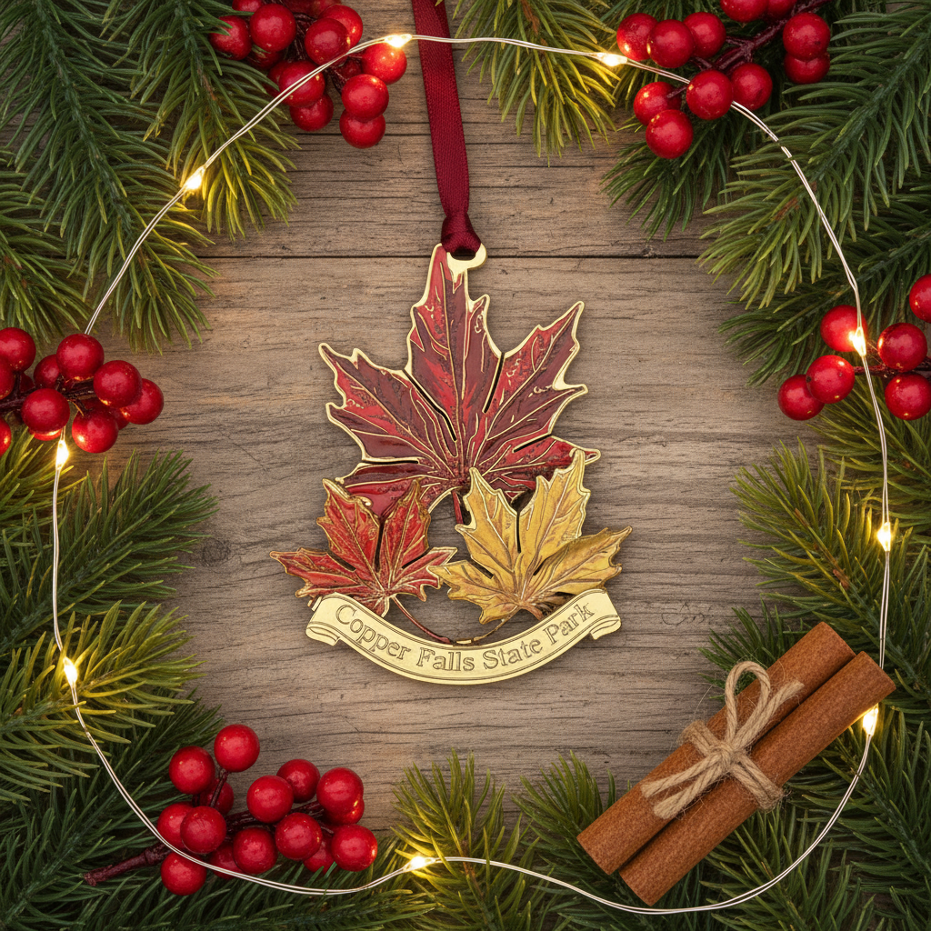 Decorative ornament with copper Falls State Park on a wooden background surrounded by greenery and berries.