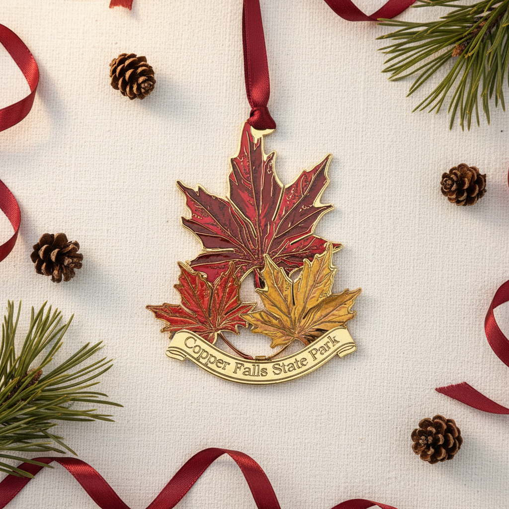 Maple leaf ornament with 'Copper Falls State Park' text on a decorative background with ribbons and pine cones.