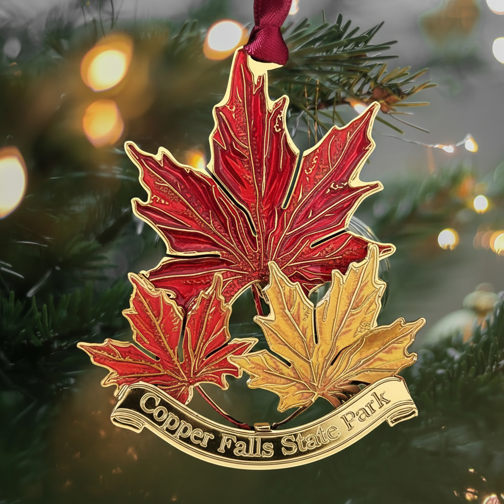 Maple leaf ornament with 'Copper Falls State Park' text on a Christmas tree.