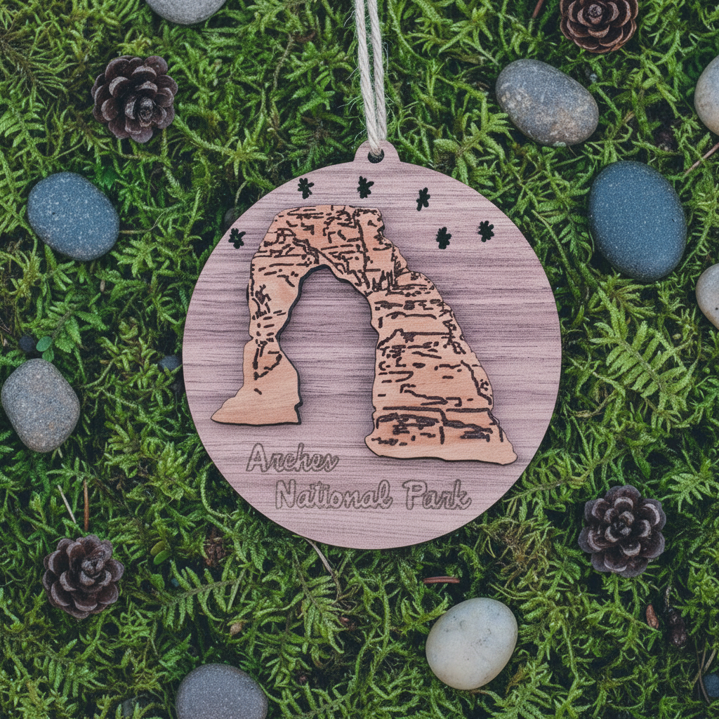 Laser engraved ornament of arches national Park laying on green moss