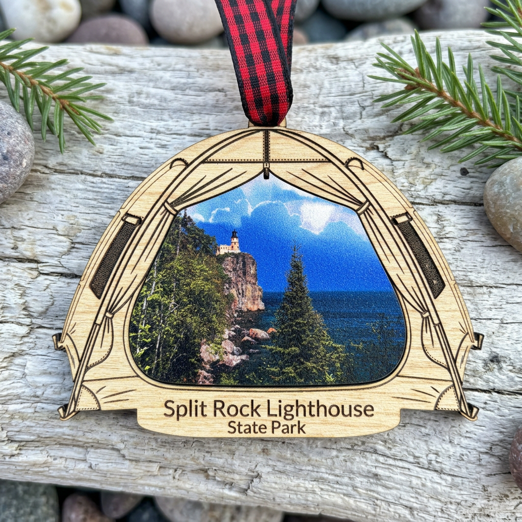 Tent shaped Ornament with a split rock lighthouse state park image design Set on driftwood with shoreline pebbles