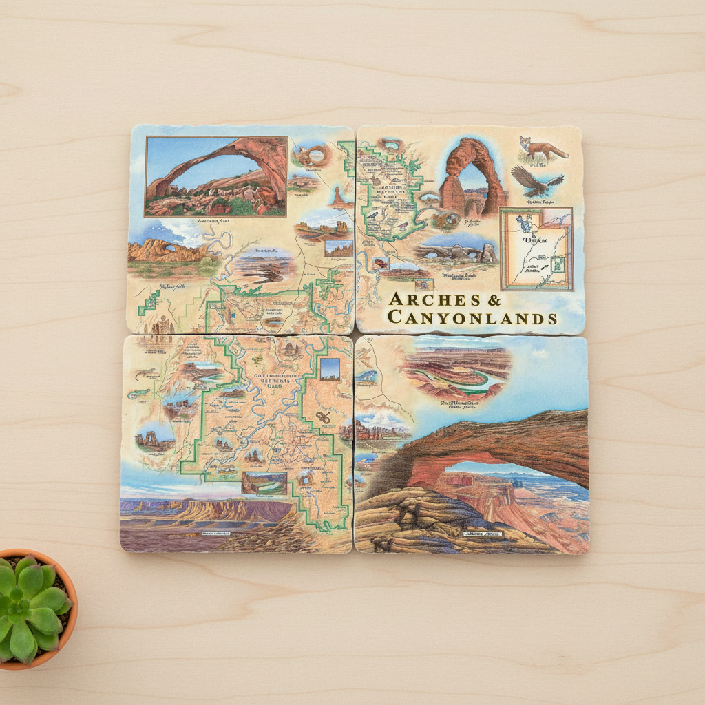 Four square coasters arranged in a 2x2 grid on a light wood surface, featuring illustrated maps and landmarks of Arches National Park. A small potted succulent is partially visible at the bottom left.