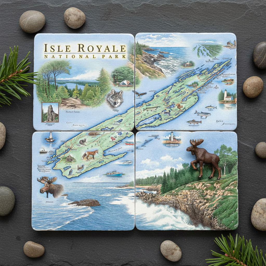 Four square coasters featuring illustrated maps and scenes of Isle Royale National Park, arranged in a 2x2 grid on a dark slate surface with decorative stones and evergreen branches.