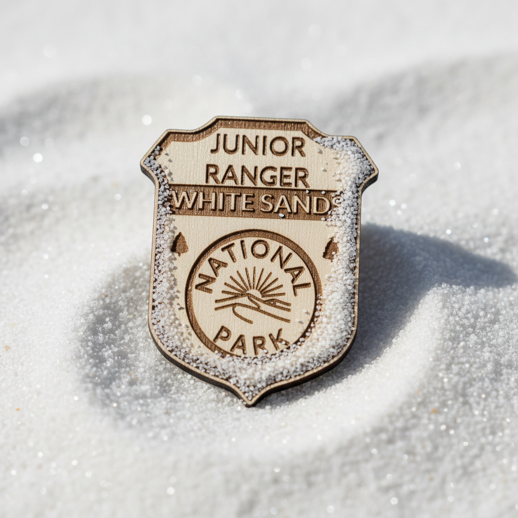 Junior Ranger badge for White Sands National Park on sandy background