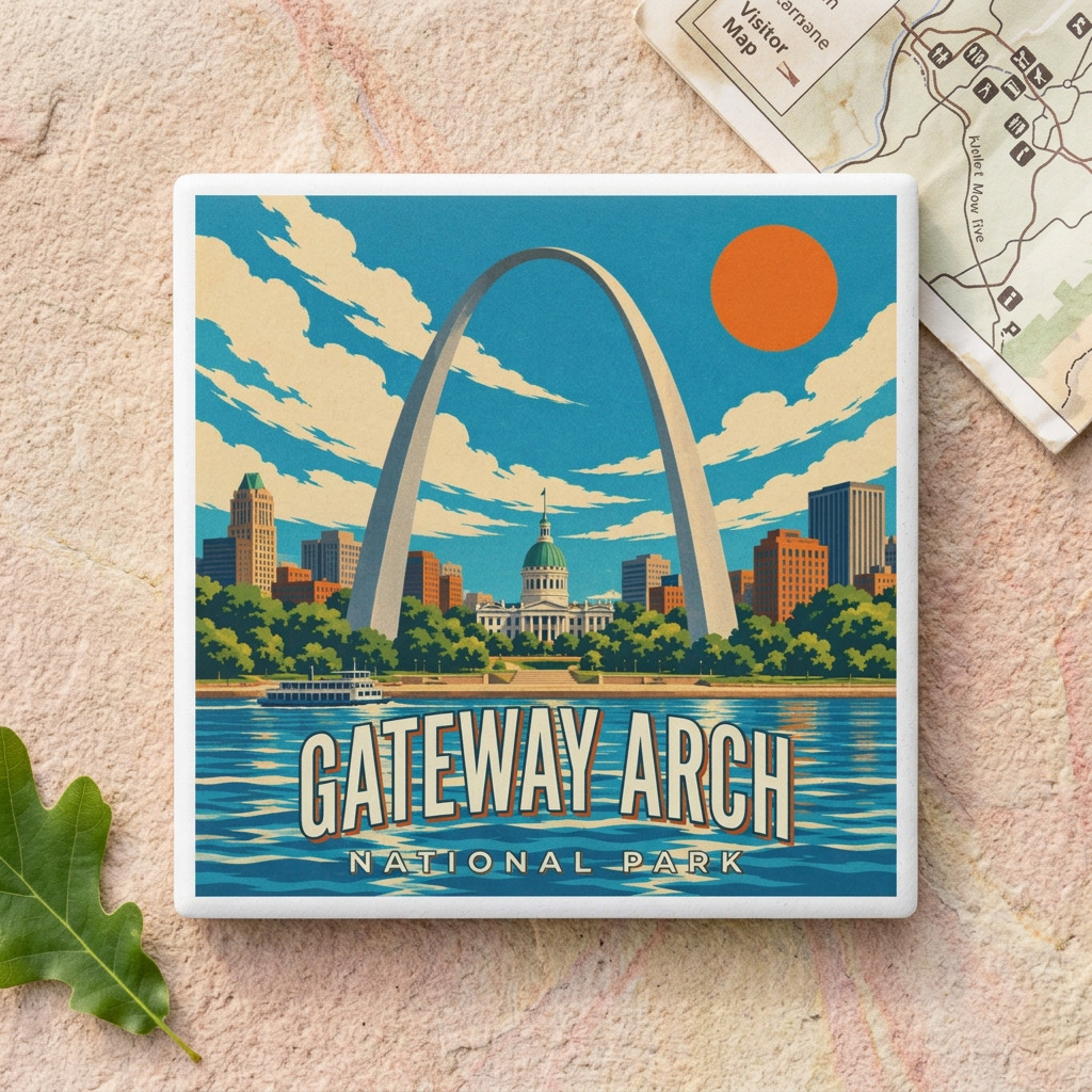 A square ceramic coaster, sitting on a stone surface with a leaf and other natural elements. The design features of view of the gateway, arch and historic courthouse in the background from the river.
