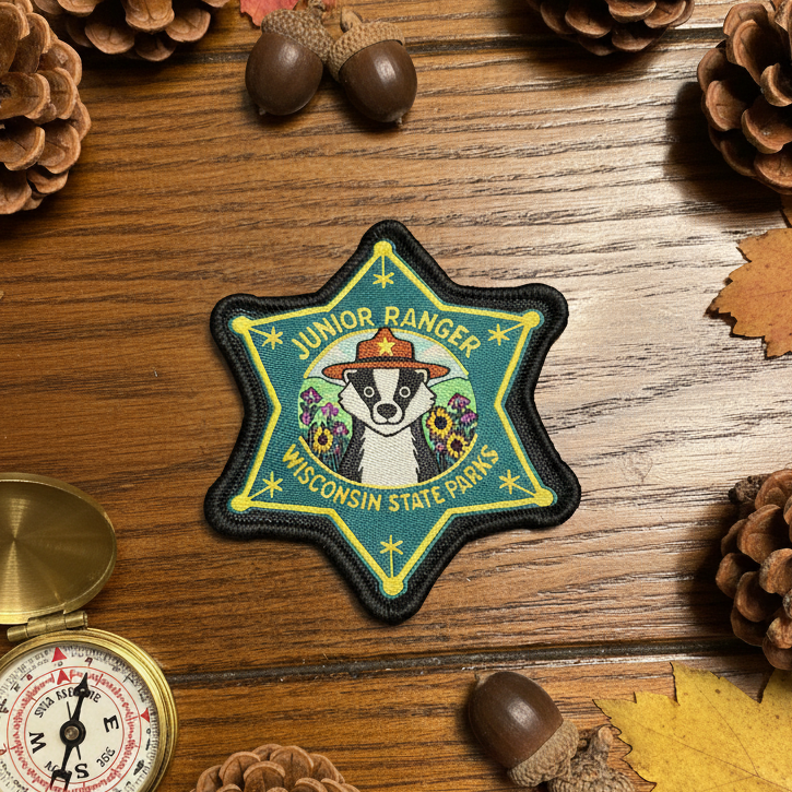Star badge shaped embroidered patch with a badger wearing a ranger hat and the text “Junior Ranger Wisconsin State Parks” on a wood table top with decorative elements.