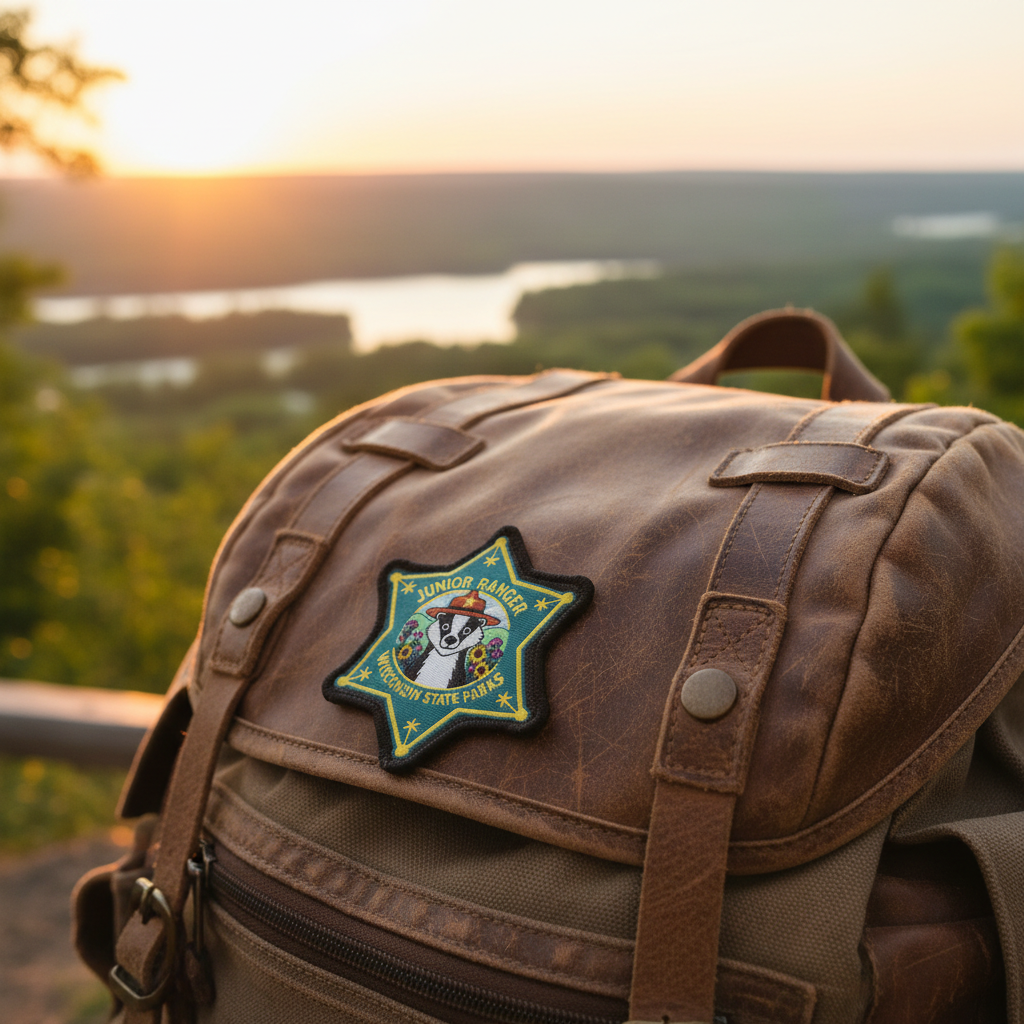 Star badge shaped embroidered patch with a badger wearing a ranger hat and the text “Junior Ranger Wisconsin State Parks” on a backpack with a scenic river background.