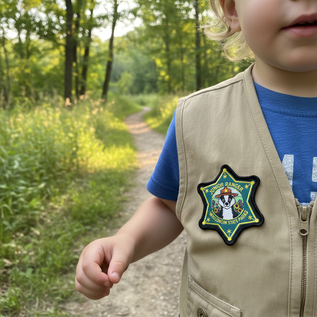 Star badge shaped embroidered patch with a badger wearing a ranger hat and the text “Junior Ranger Wisconsin State Parks” on a child’s vest with a woods and trail background.