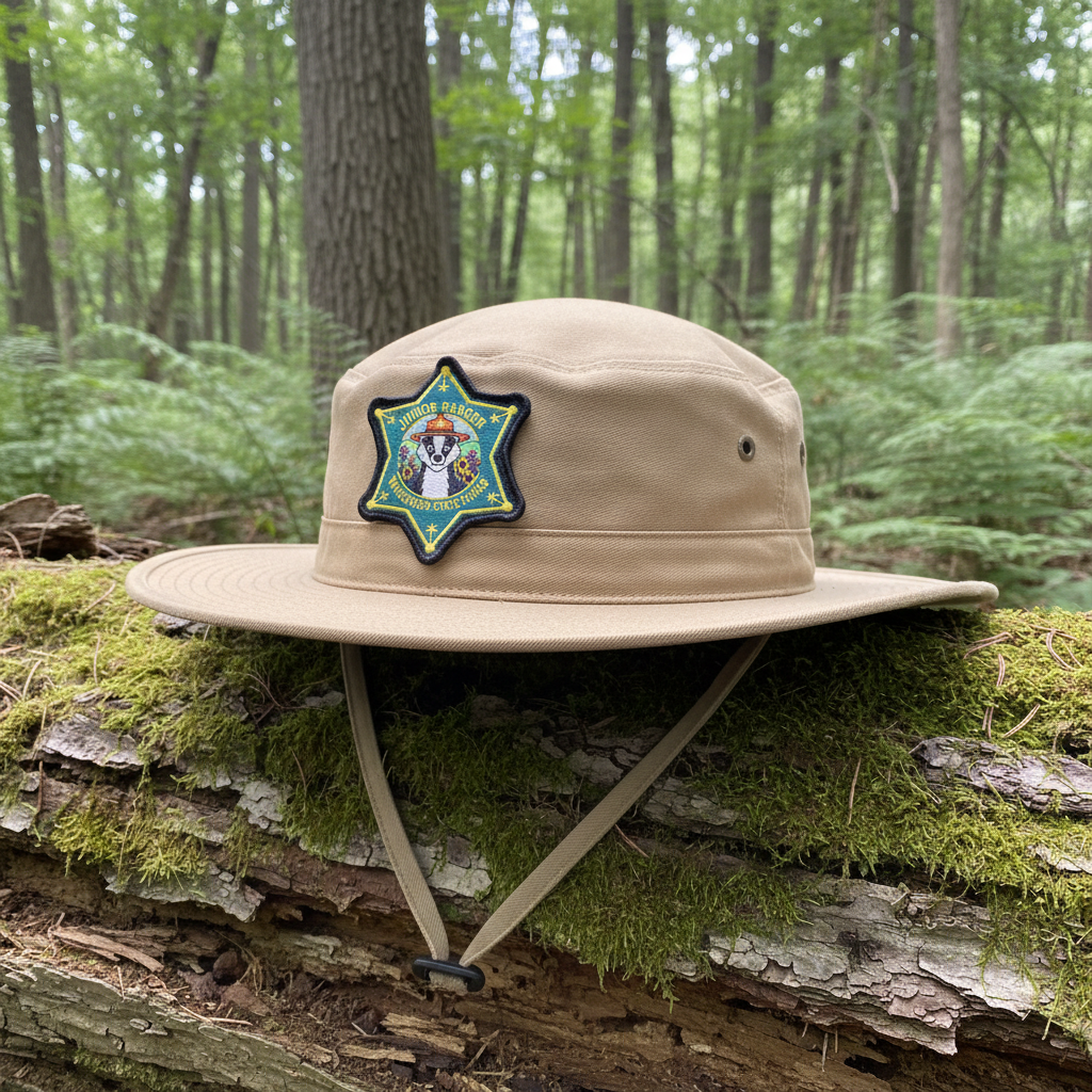 Star badge shaped embroidered patch with a badger wearing a ranger hat and the text “Junior Ranger Wisconsin State Parks” on a hat sitting on a mossy log in the forest.