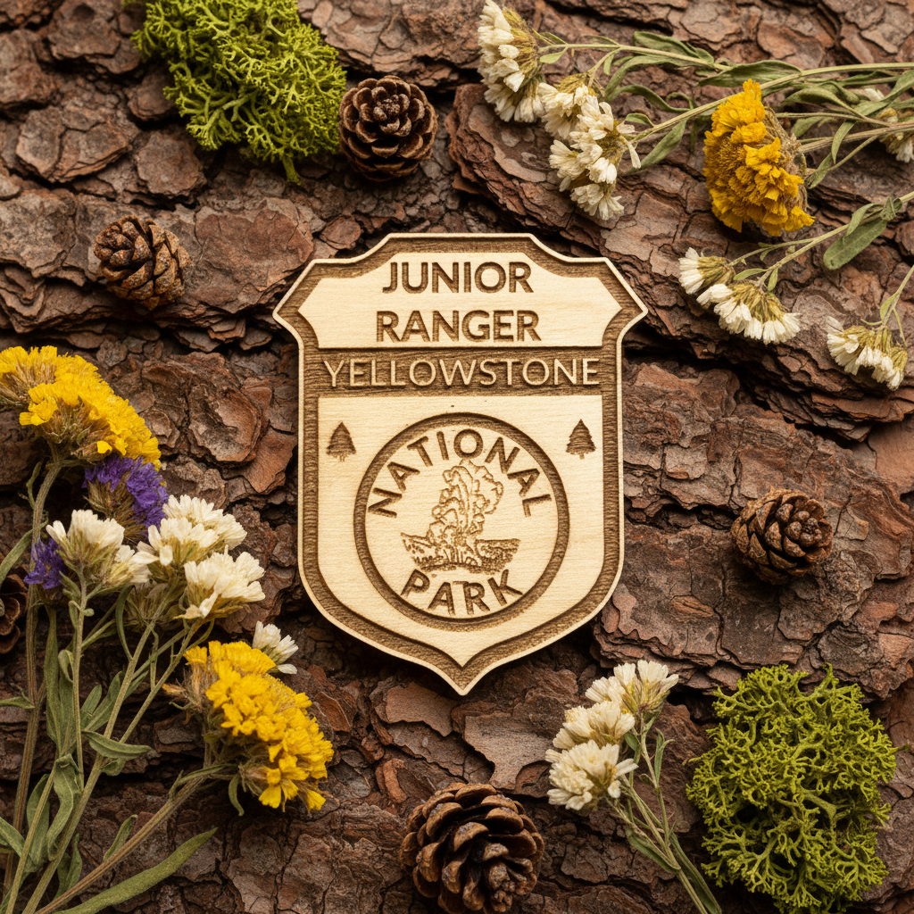 Yellowstone National Park Junior Ranger badge Laying on bark with wildflowers and moss