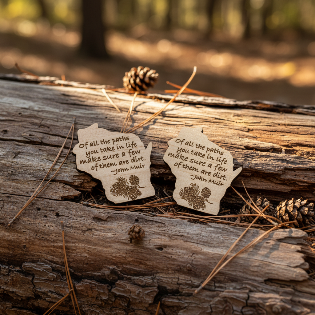 Two Wisconsin shaped magnets with a John Muir quote on a log in the woods