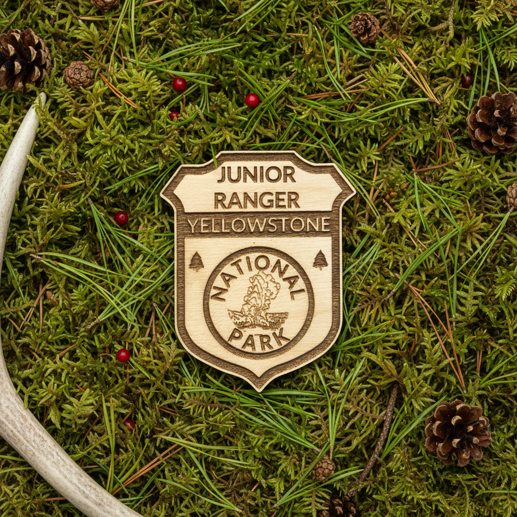 Yellowstone National Park Wood, junior Ranger badge laying on a bed of moss with an Antler. 