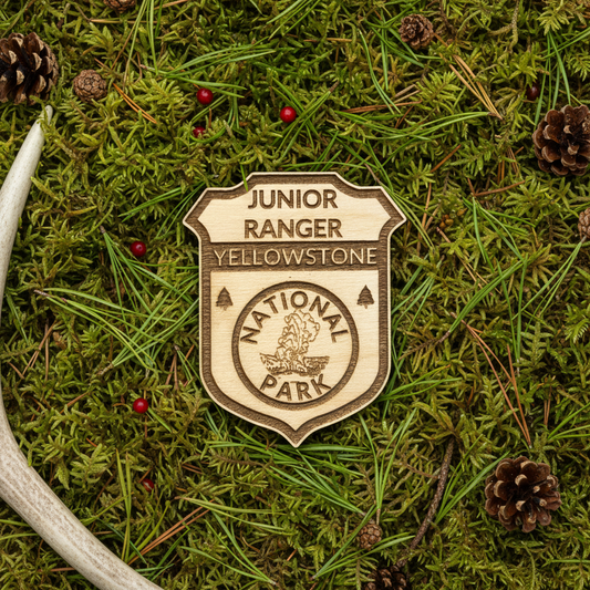 Yellowstone National Park Wood, junior Ranger badge laying on a bed of moss with an Antler. 