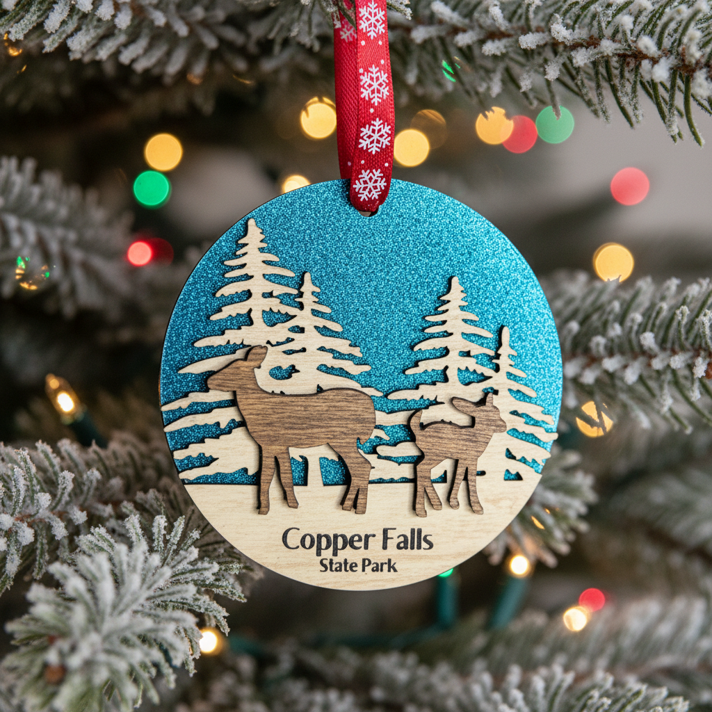 Decorative Christmas ornament with deer design and 'Copper Falls State Park' text, hanging on a tree.