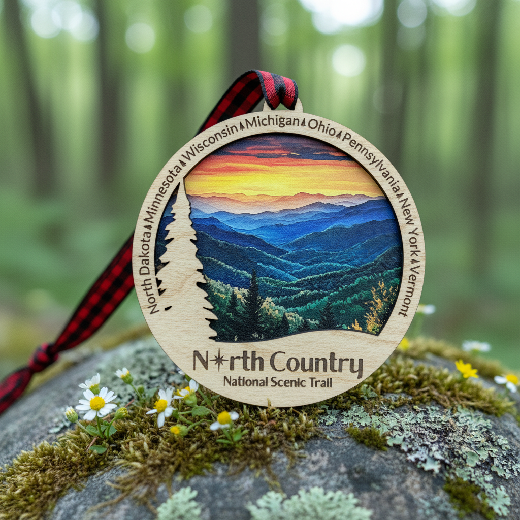 North Country Trail Ornament of a tree against a mountain background on a moss covered rock in the forest.